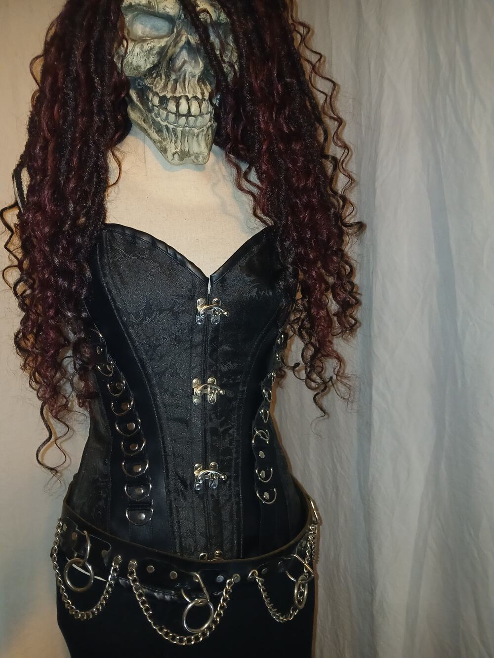 Black Gothic Steampunk Corset Maxi Dress with Chain Details